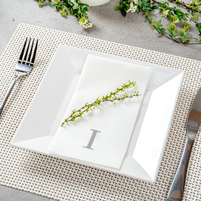 Restaurantware Paper Napkins Pack of 2000 Silver Letter I Linen-Feel Disposable Guest Towels 15.75 x 7.87 Inches, Elegant Airlaid Silver Printed Design White Napkins with Monogram for Events