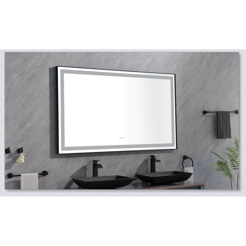 96 po X P 36 po Miroir de salle de bain à DEL H avec 3 lumières colorées et cadre en cristal poli à désembuage rapide