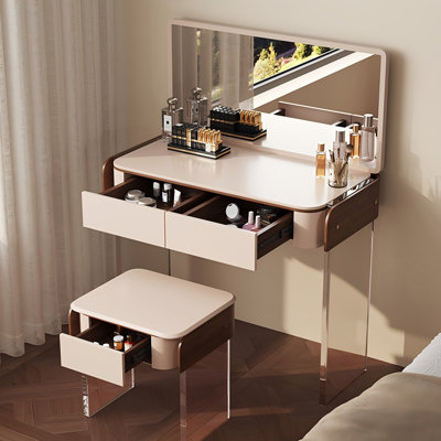 35.43"Modern Beige Vanity With a Mirror and Makeup Stool