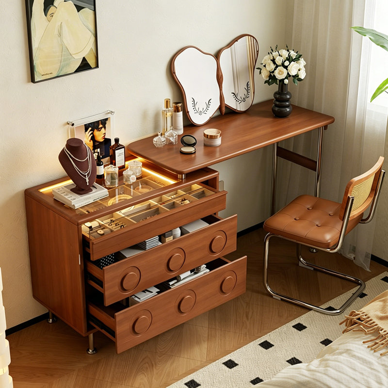 Coiffeuse modulaire en bois d'hévéa de style milieu du siècle (100 cm) – Commode indépendante séparable, tiroirs à compartiments multiples, pieds réglables en acier inoxydable, glissières silencieuses, meuble de rangement et coiffeuse multifonctionnel pour chambre à coucher