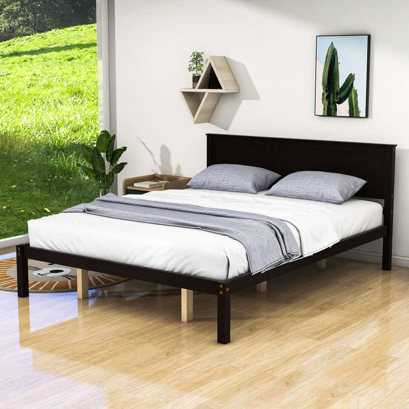 Base de lit plateforme avec tête de lit et lattes en bois, Espresso, Grand