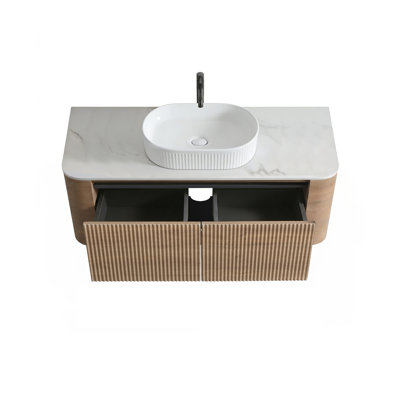 Meuble-lavabo mural de 48 pouces avec lavabo ovale blanc rayé et tiroirs de rangement