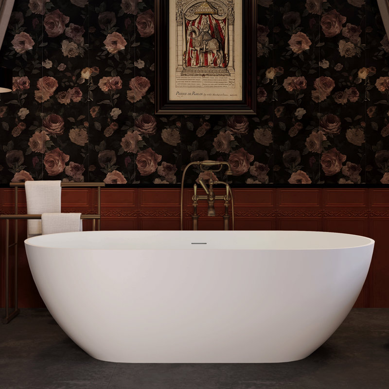 Baignoire autoportante de 69 po à surface solide, baignoire de trempage autoportante en résine fabriquée à la main de luxe avec trop-plein et bonde escamotable