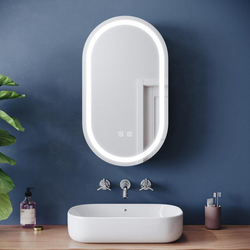 40x70x14cm Oval Frosted LED Bathroom Cabinet, with Anti-Fog, Dual Touch Dimmable, and Shaver Socket