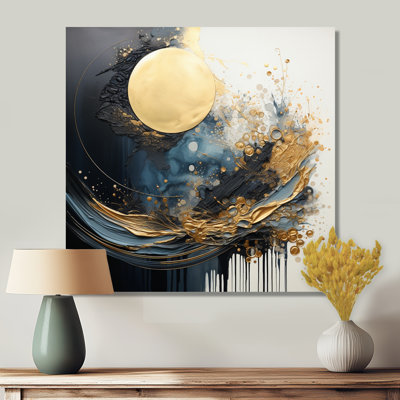 «Golden Full Moon Rising Ocean Waves II», art mural abstrait