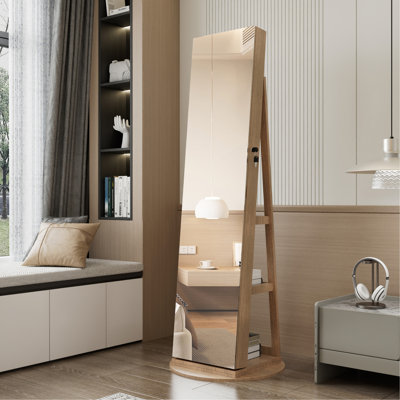 Armoire à bijoux pivotante à 360 ° avec miroir pleine grandeur, organisateur d'armoire à bijoux sur pied pivotant à 360 °, armoire de rangement verrouillable, miroir intérieur éclairé, noyer clair