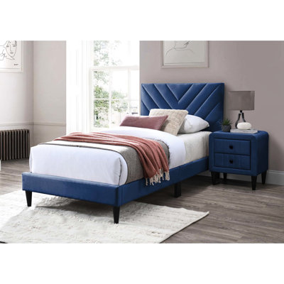 Lit simple en velours avec tête de lit réglable - 12 supports pour une nuit reposante, cadre bleu marine, confort accru