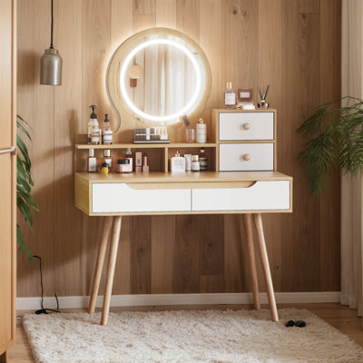 Makeup Vanity Desk With 3 Adjustable Lighted Mirror, Dressing Table Set With 4 Drawers And 3 Open Shelves