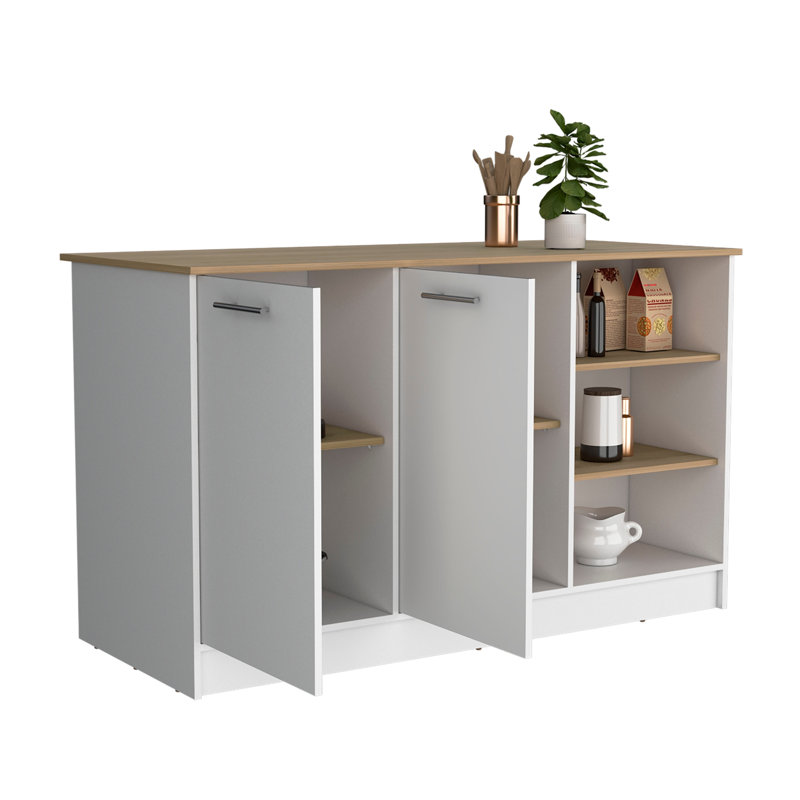 Ginger Kitchen Island, Three Open Shelves, Two Cabinets, White