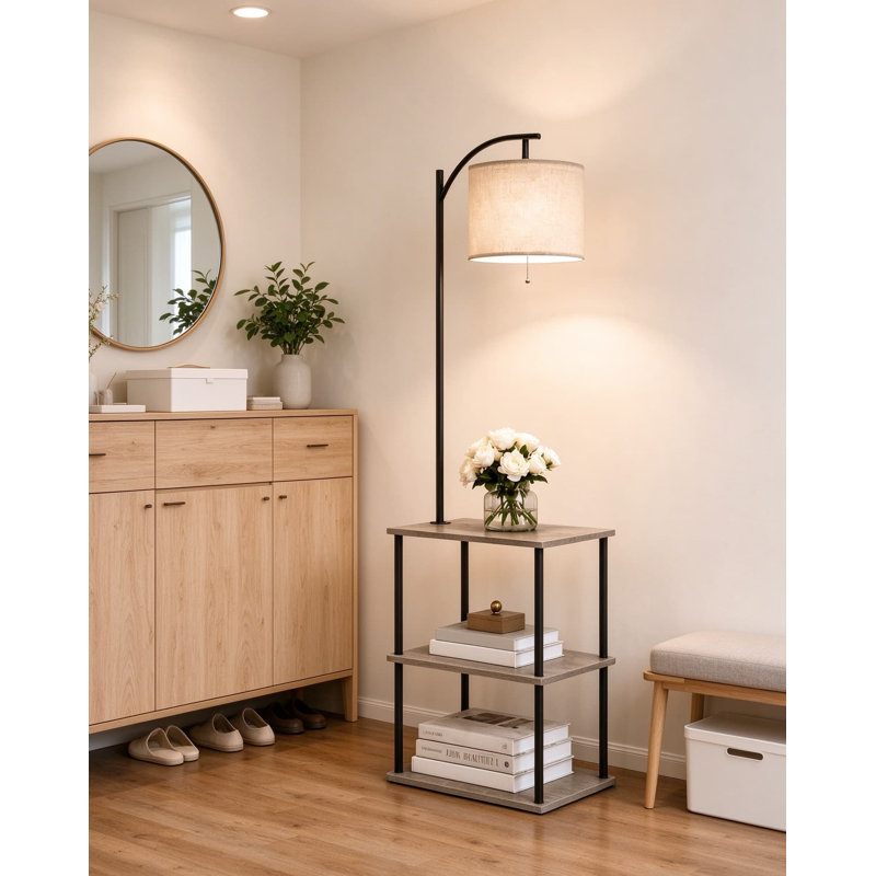 Floor Lamp with Table and Shelves, Side Table with Adjustable Linen Shade and LED Bulb, Multifunctional Shelf Lamp for Living Room, Bedroom, and Office