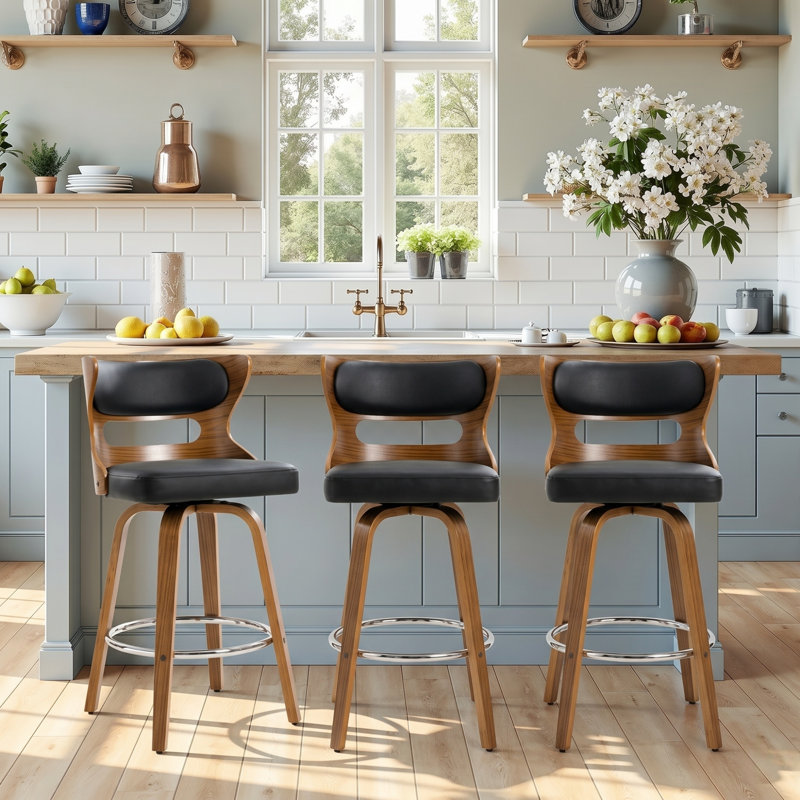 Storm Modern Swivel Counter Stool with Bent Wood Back, Black