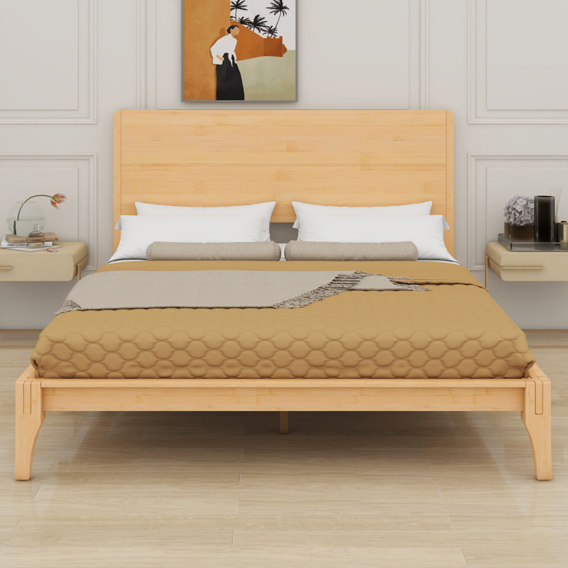 Lit plateforme moderne en bois avec support à lattes, Naturel, Lit double
