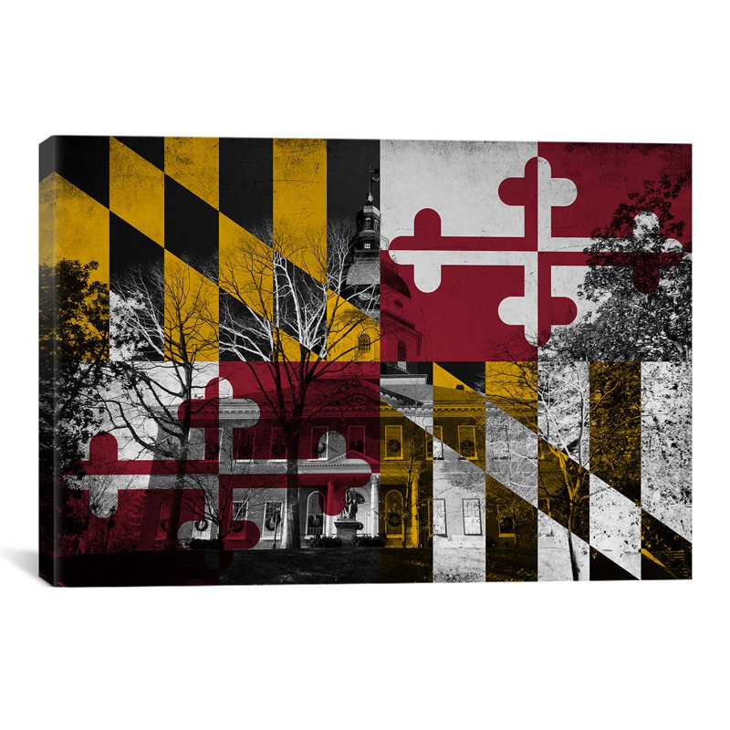 Drapeau du Maryland, Capitole du bâtiment, impression sur toile, H 18 po x l 26 po x P 1,5 po, Toile tendue, Pas de tapis