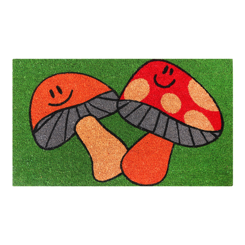Natural Coco Coir Door Mat with PVC Backing, "Dancing Mushroom", 18"x30", Heavy-Duty Non-Slip Indoor/Outdoor