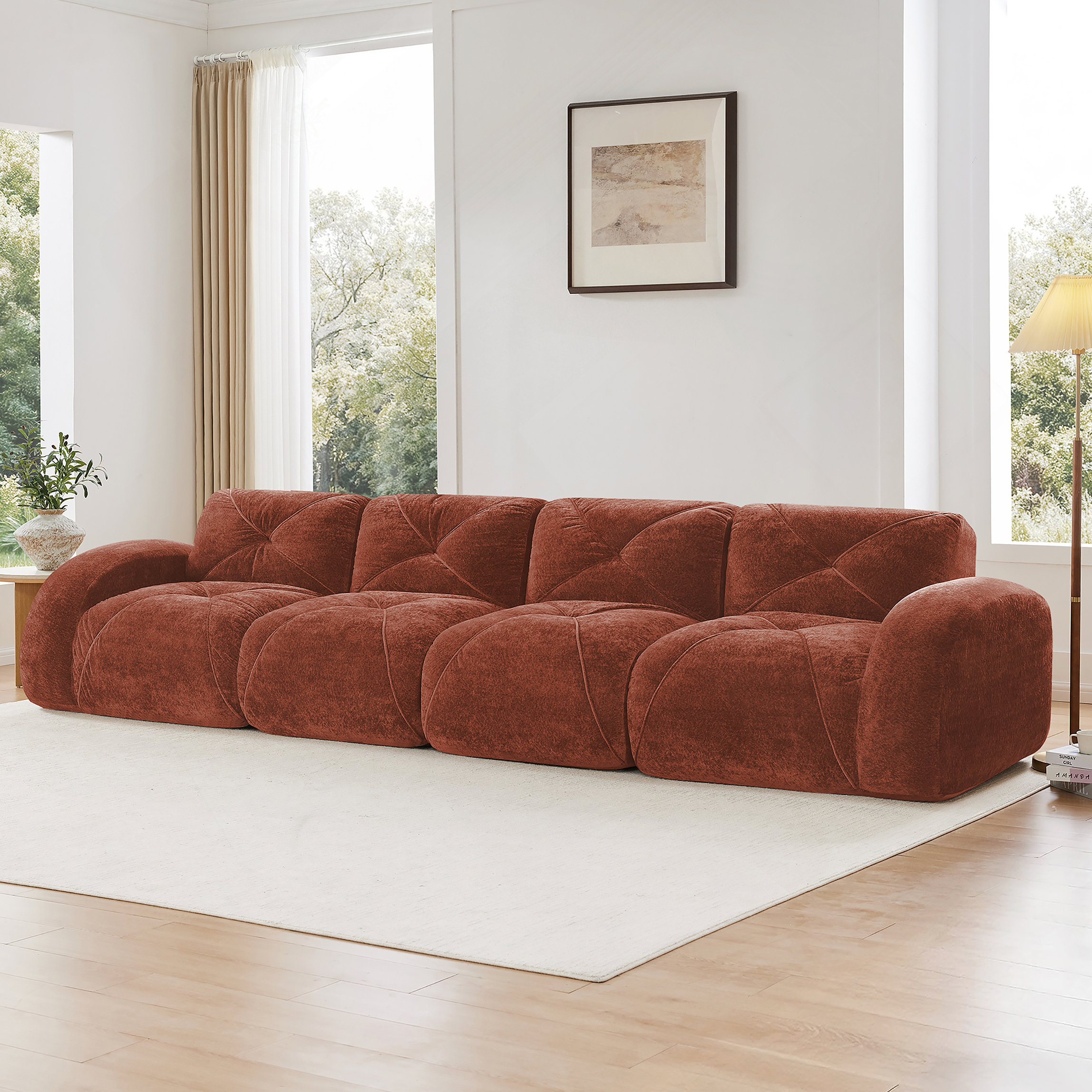 Wrought Studio™ 140-Inch Velvet Boneless Sofa With Tufted Design, High ...
