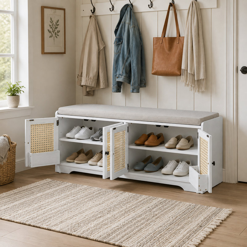 Banc de rangement en rotin avec siège rembourré Farmhouse, Blanc
