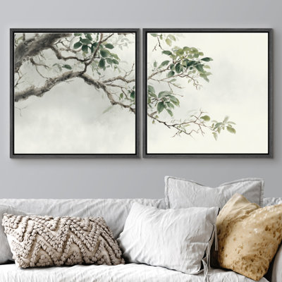 Minimal Green Leaves Botanical Branch Wall Art Set Framed Master Bedroom Wall Art Work 2 Pieces Print