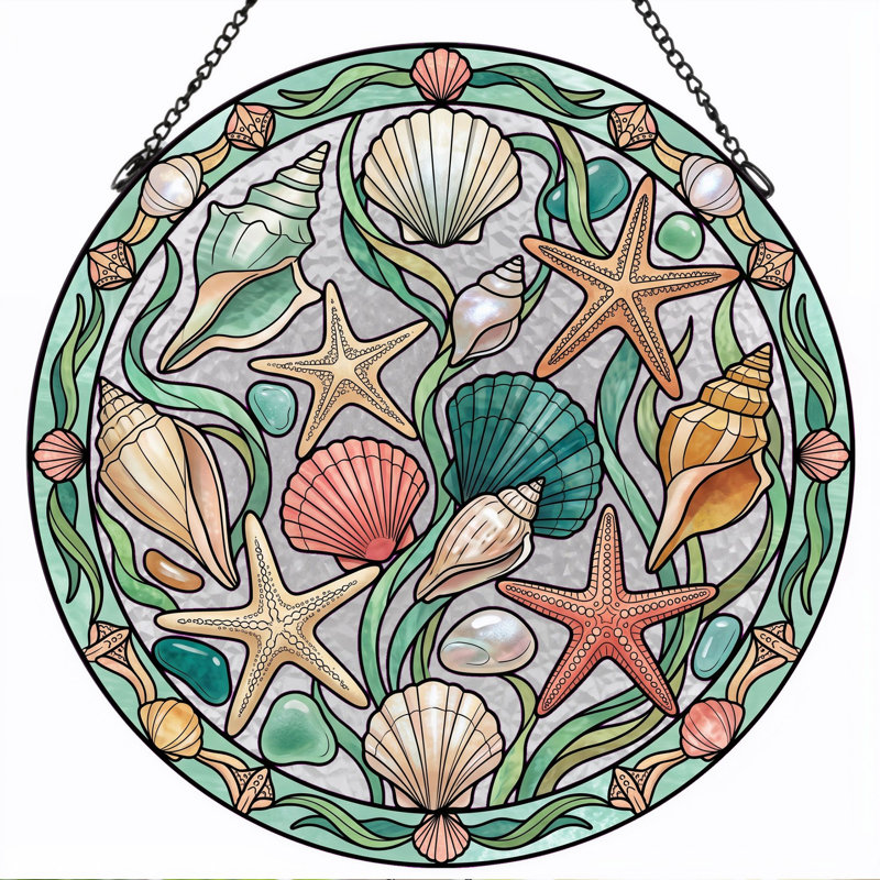 Panneau de fenêtre en verre coloré Seashell Starfish - 7,8 heures, H 7,8 po