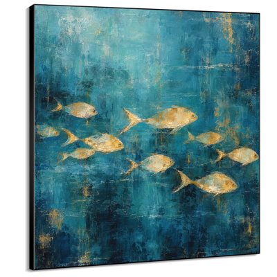 Impression sur tissu grand format - Motif abstrait de banc de poissons bleu turquoise et or pour salon ou chambre - « Assemblage du cadre requis (cadre inachevé) »