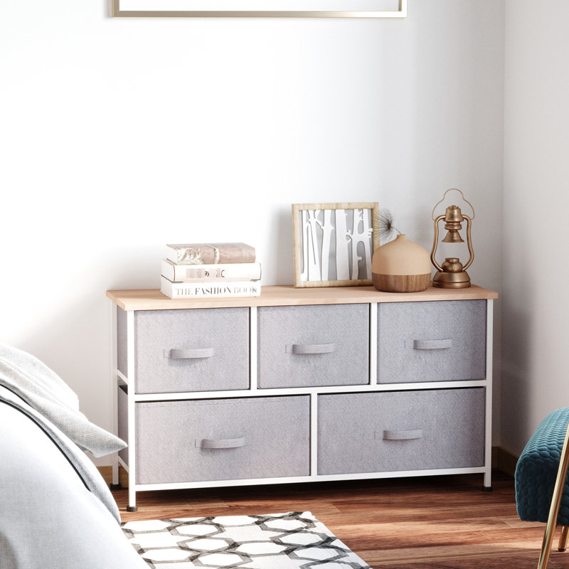 Armoire de rangement pour chambre grise - Cube de rangement horizontal à 5 tiroirs de 40 po avec étagère en tissu