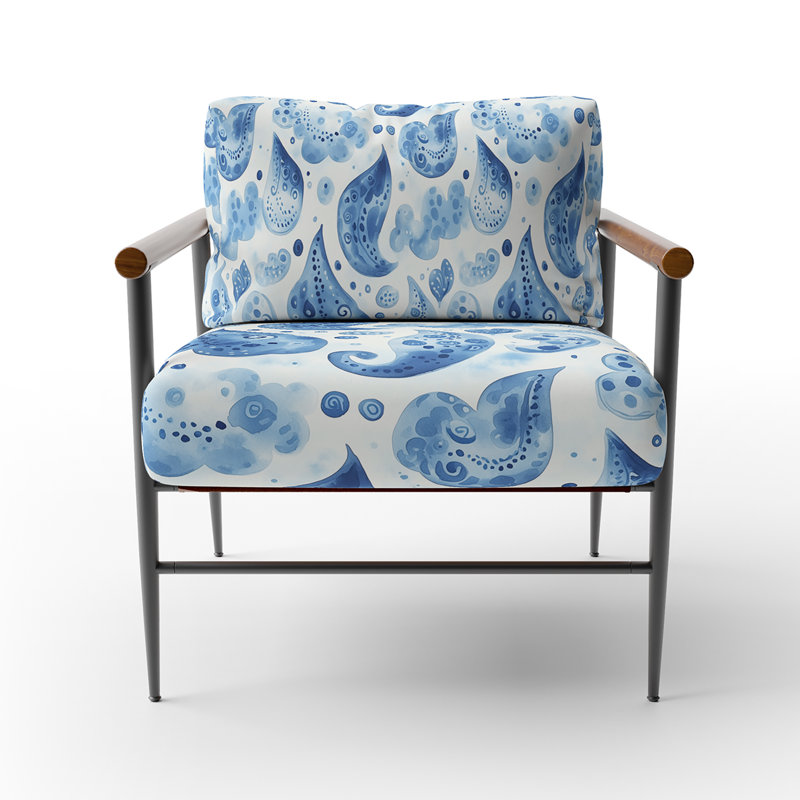 Chaise rembourrée Boho - bleu et blanc, Bras ronds bruns