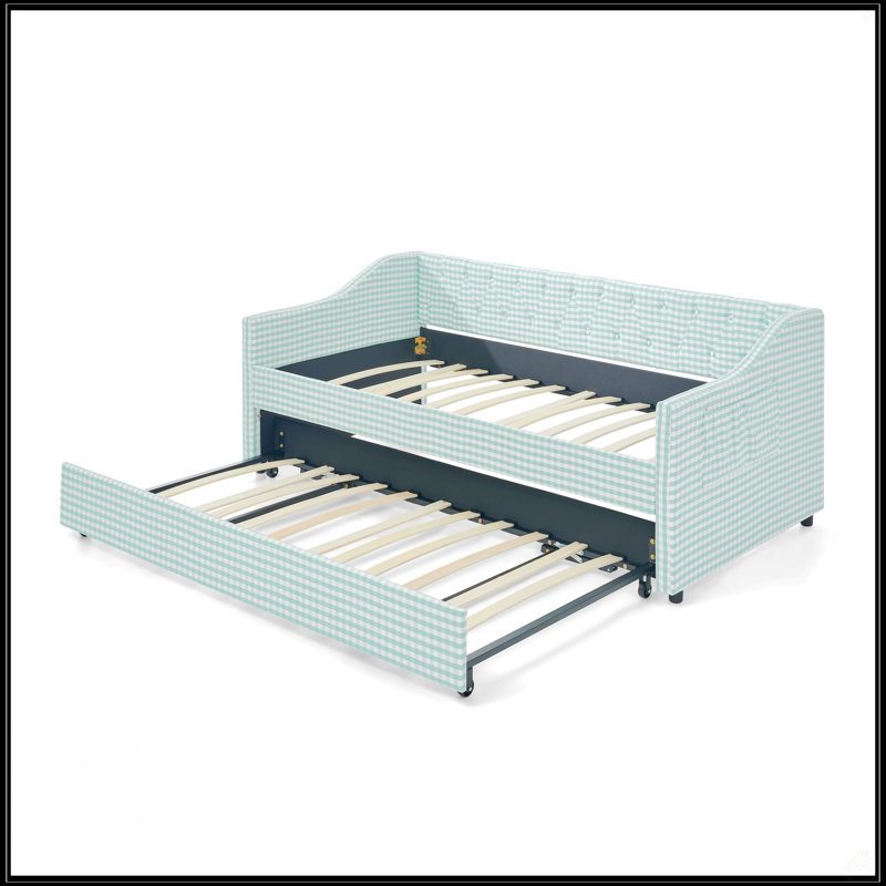 Lit de jour simple, canapé-lit convertible polyvalent 3 en 1 Gingham avec couchette coulissante et poches de rangement latérales, idéal pour les petits espaces