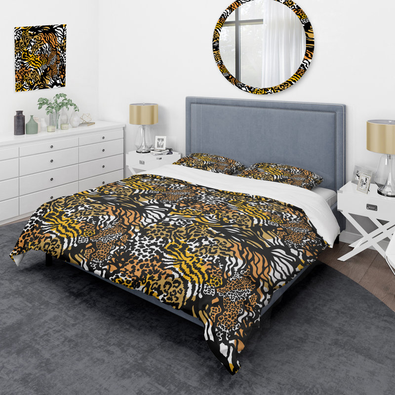 Ensemble de housse de couette en microfibre noir / doré / blanc 3 pièces