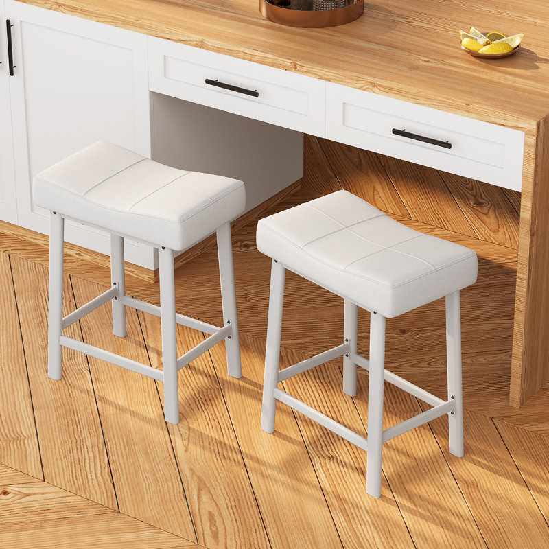 Upholstered Counter Stool with Metal Frame, White, White