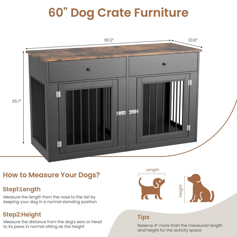 Meuble de caisse double robuste pour 2 petits / moyens chiens - Cage intérieure avec 2 tiroirs - Maison pour animaux moderne et meuble télé - noir et rétro