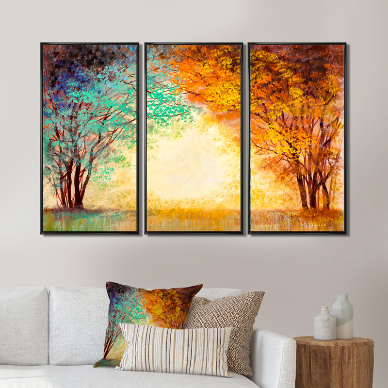«Alley Through The Park In Autumn Sunset», reproduction sur toile flottante 3 pièces, H 28 po x l 36 po x P 1 po, Cadre noir
