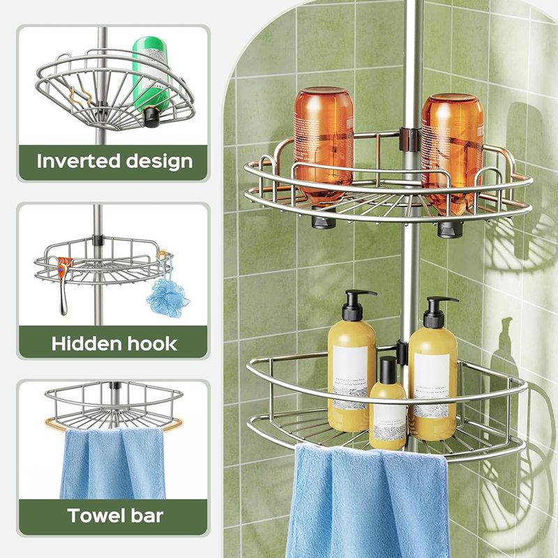 4-Tier Corner Shower Caddy Tension Pole, Rust-Resistant Adjustable Bathroom Organizer Shelves, No-Drill, Space-Saving, Silver Gray