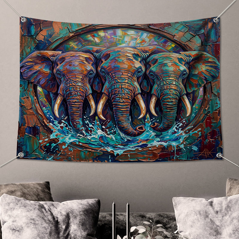 Tapisserie murale éléphant coloré - Décoration murale éléphants, 68in H x80in W with 4 Grommets