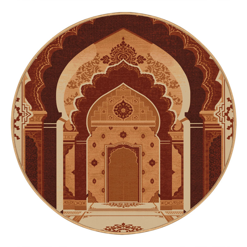 Tapis oriental doux et moelleux de style oriental orné en brun - reliure brun clair, 6 po de diamètre
