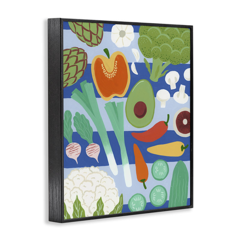 Kitchen Veggies on Stripes Framed Giclee, design by Courtney Haley, 14" H x 11" W, Midnight Black Framed Giclee