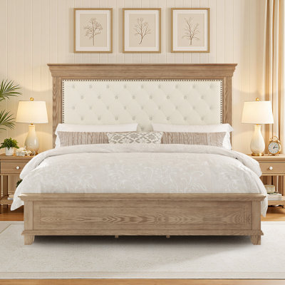 One Allium Way® Farmhouse Upholstered Solid Wood Bed Frame With 68" Tall Headboard