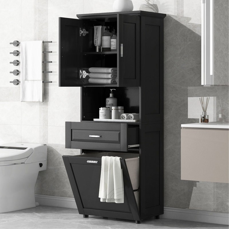 Tall Bathroom Cabinet With Laundry Basket, Large Storage Space Tilt-Out Laundry Hamper And Upper Storage Cabinet, Black
