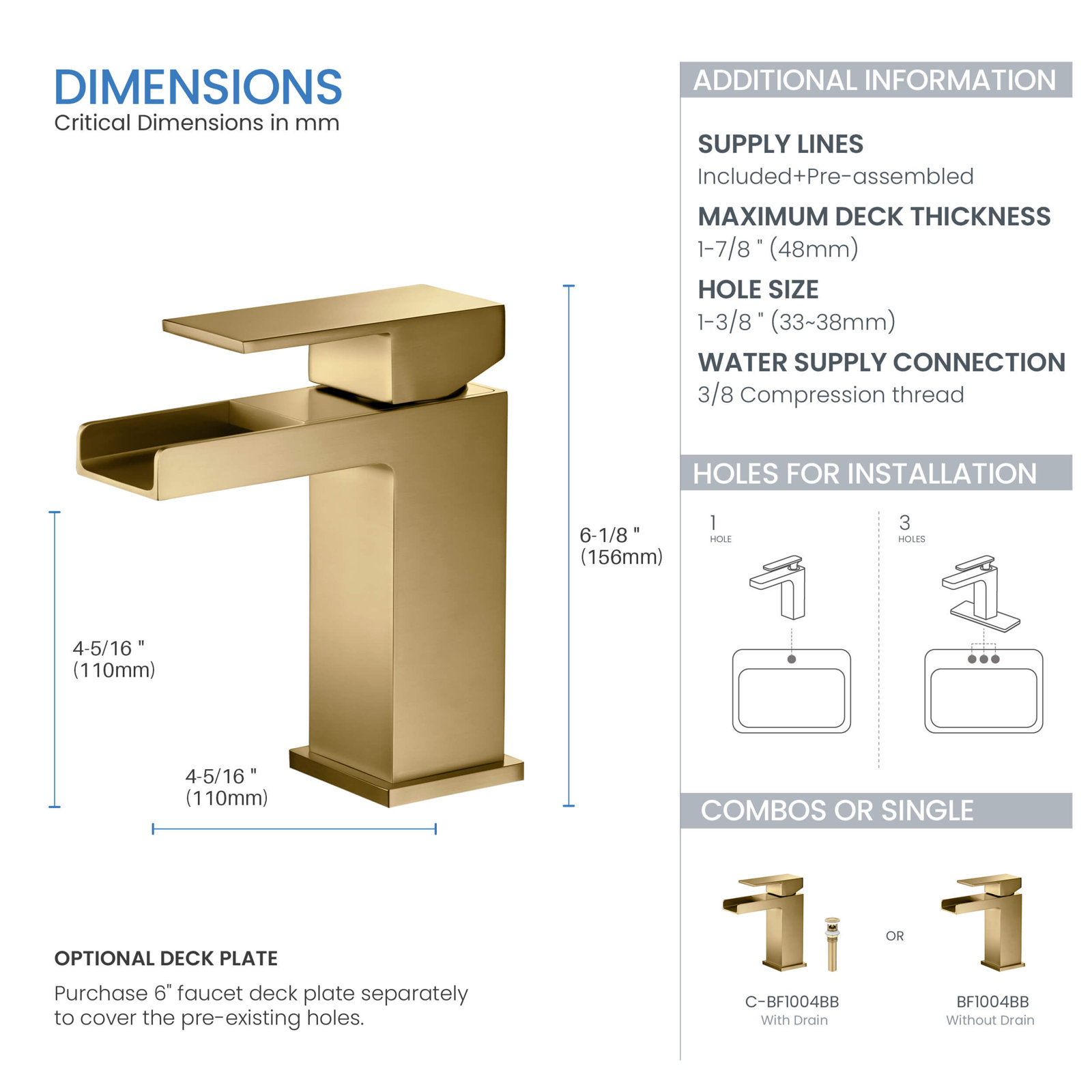 Waterfall Single-Hole Bathroom Faucet, With Drain Assembly, Brushed Brass