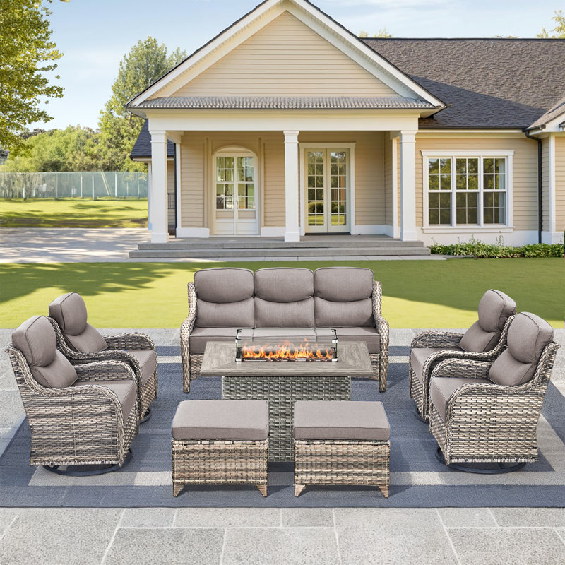 8 Pieces Patio Furniture Set, Outdoor Wicker Sofa Couch With Swivel Chairs 41" Fire Pit Table, All Weather High Back Modern Conversation Sets, Grey Rattan