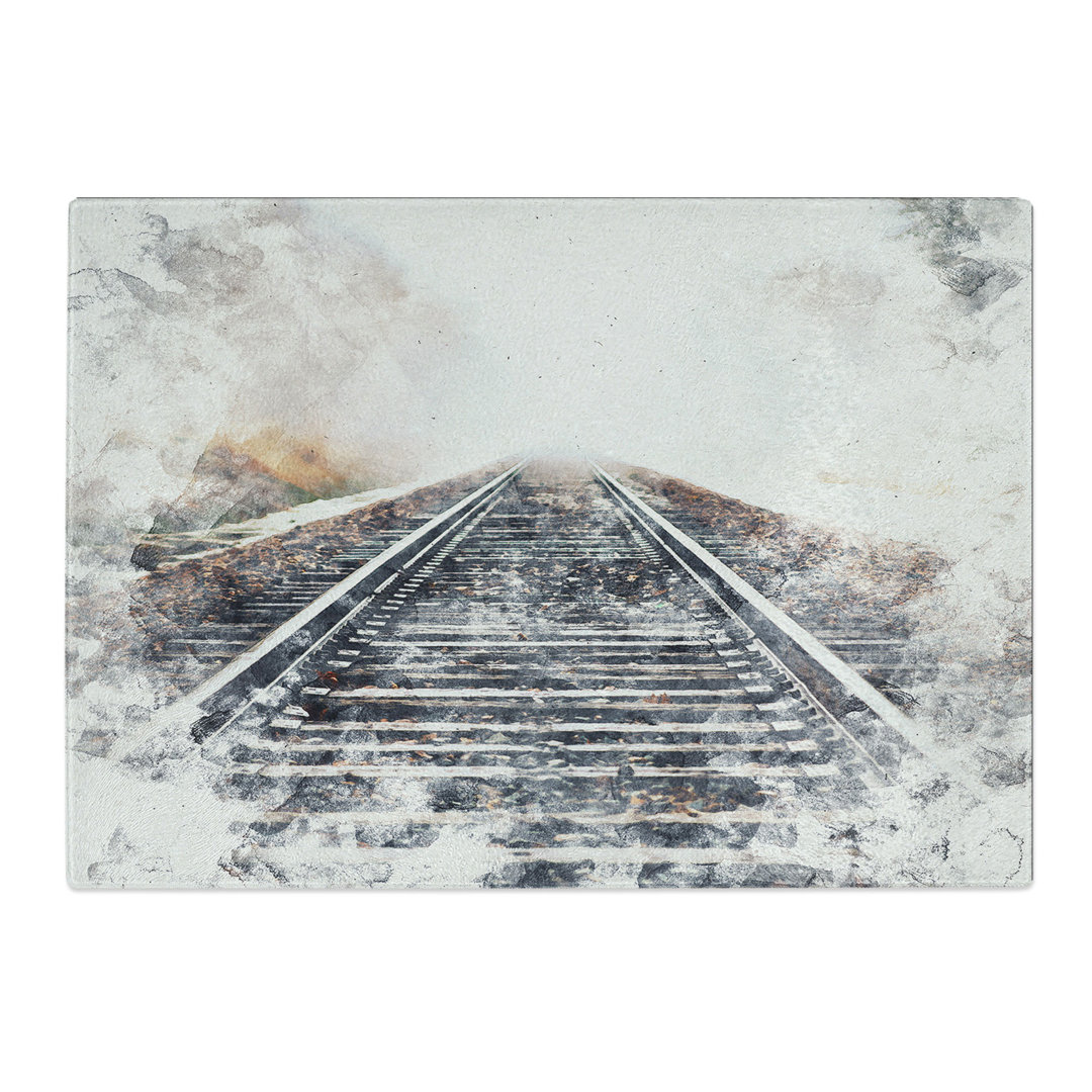 Tempered Glass Train Tracks in the Mist Watercolour Chopping Board