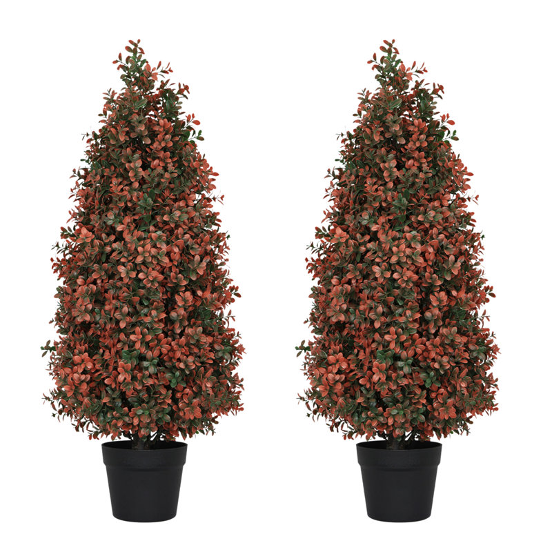 Arbre topiaire artificiel en forme de buis 90 cm pour décoration de porche et patio extérieur, rouge, 2 pièces