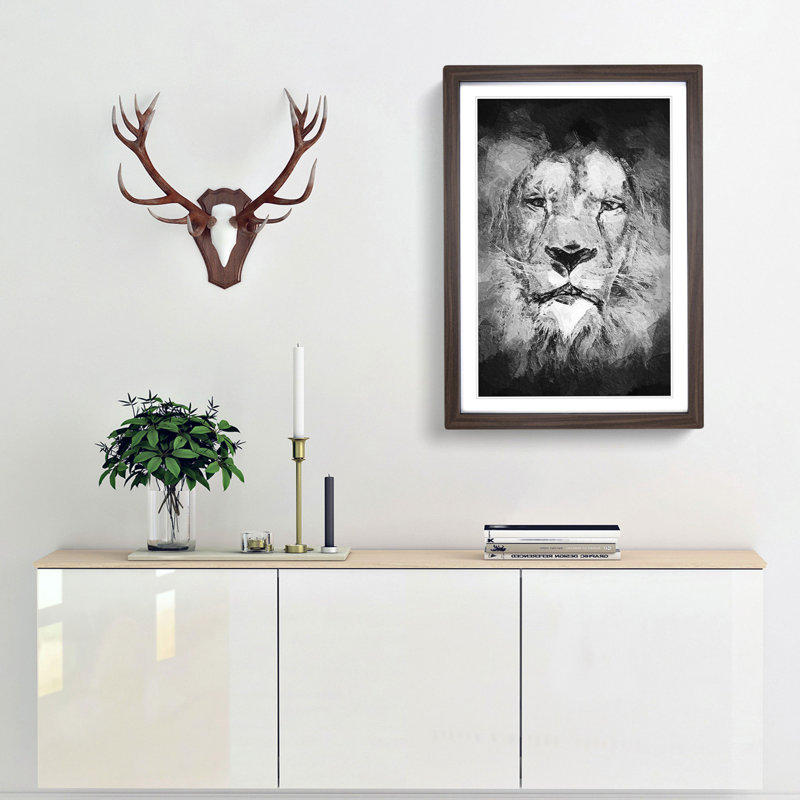 Lion Portrait in Abstract - Picture Frame Painting Print, 65cm H x 48cm W x 2cm D, Walnut Framed
