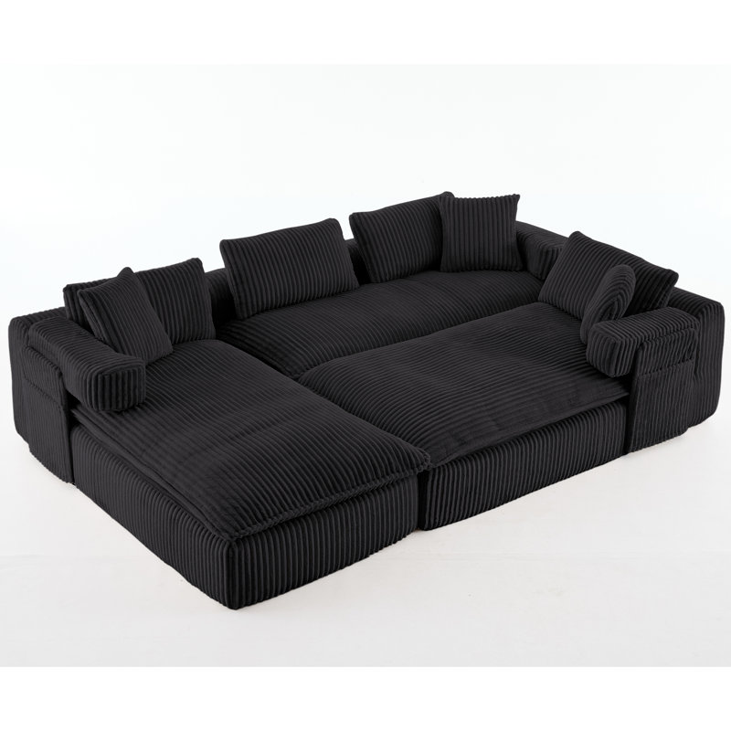 Canapé modulaire surdimensionné en U de 149 pouces de 149 pouces, conception convertible 7 en 1, canapé à 6 places à assise profonde avec accoudoirs roulés mobiles, revêtement en velours côtelé de polyester, poche de rangement latérale, aucun assemblage requis, noir
