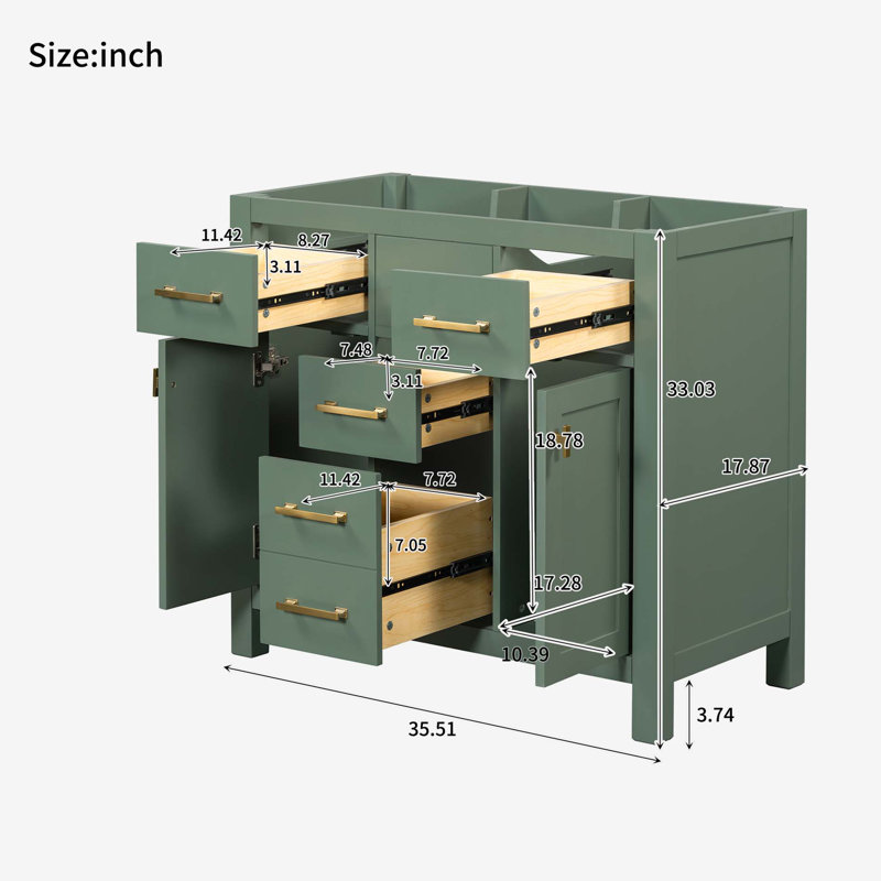 36" Green Solid Wood Bathroom Vanity Cabinet with Gold Hardware