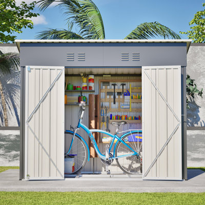 Remise de rangement renforcée à toit incliné 4 x 8 avec toit incliné résistant aux intempéries et 4 bouches d'aération, structure en métal robuste robuste, porte optionnelle gauche / droite, entrepôt de remise à outils pour l'extérieur