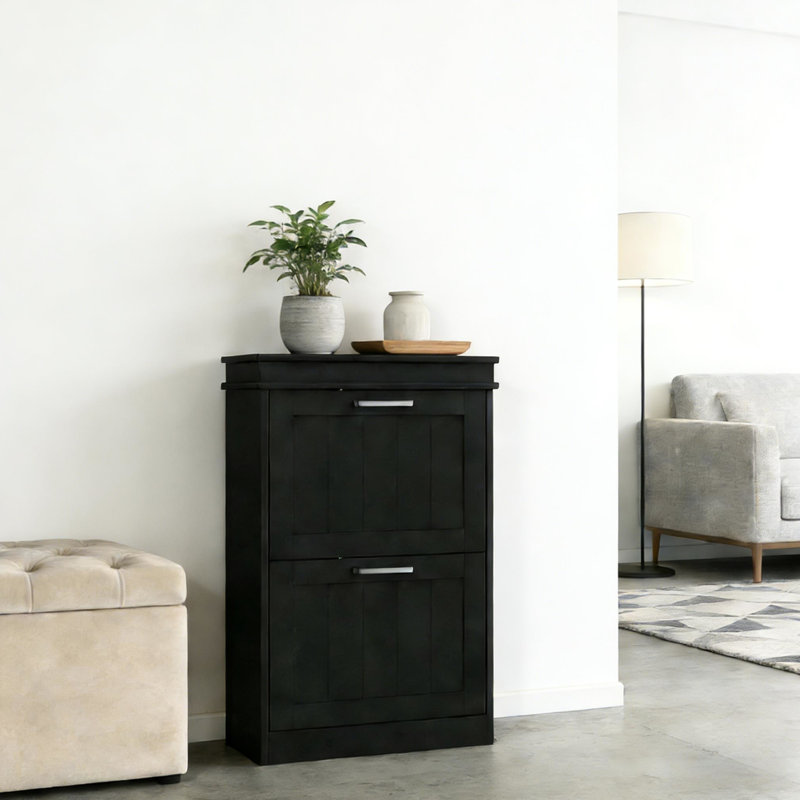 Hallway Shoe Storage Cabinet, Slim And Practical With Two Flip Doors Strip Handles, Drawers Featuring 2 - Level Adjustable Shelves To Store 10 Pairs Of Shoes, Flat Tabletop For Convenience, Board,