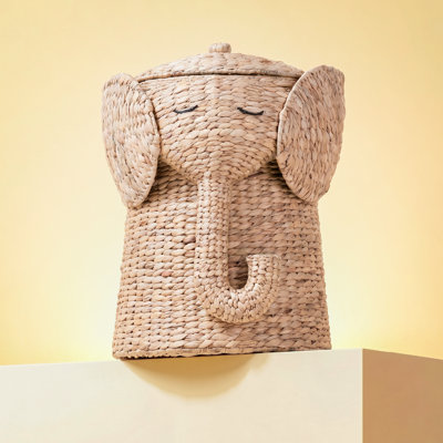 Handwoven Natural Water Hyacinth Elephant-Shaped Laundry Hamper with Lid, Removable Liner