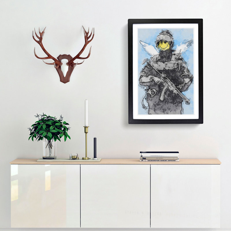 Smiley Policeman by Banksy - Picture Frame Painting Print, 36cm H x 27cm W x 2cm D, Black Framed