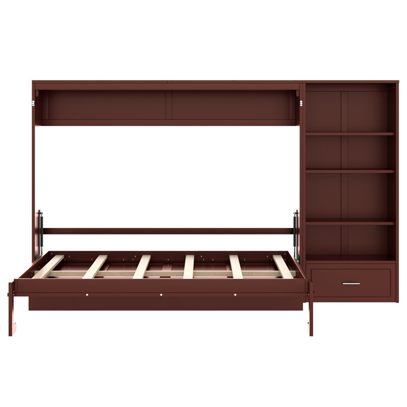 Queen Murphy Bed With Adjustable Shelves & Drawer | Space-Saving Wall Bed, Walnut