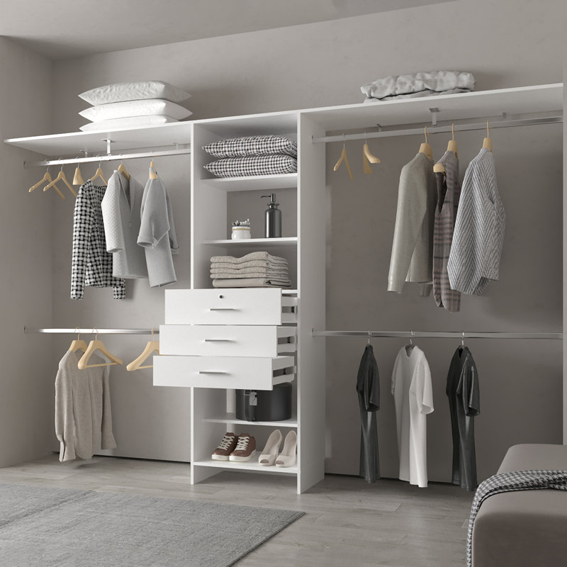 FM FURNITURE Geek Modular Closet Organizer System With Hanging Rods, Shelves, And Drawers , White, White