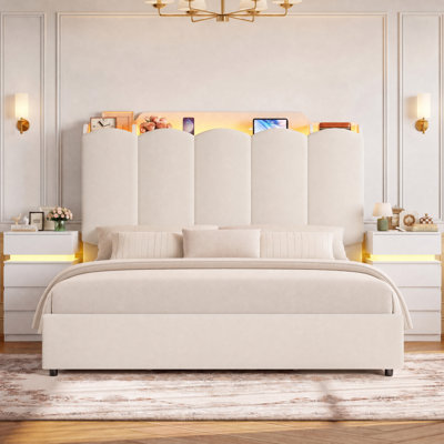 Ensembles de chambre à coucher de grand lit 3 pièces avec tête de lit à DEL et station de charge intégrée